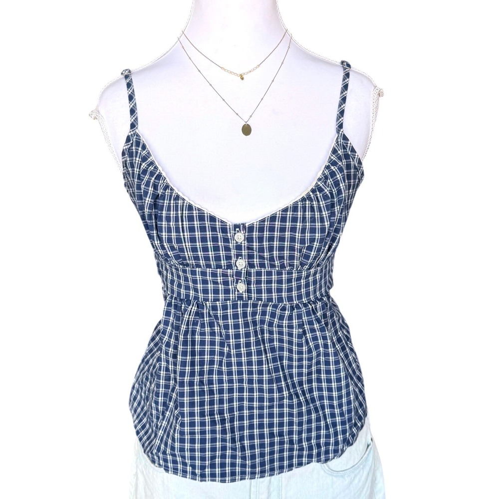 Brandy Melville Plaid Babydoll Cami Top Coquette Smocked Tie Back Blue S/OS